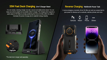 Ulefone Armor 26 Ultra 5G Rugged Waterproof Smartphone - 120W Fast Charging, 15600mAh, 200MP+64MP, 24GB+512GB, NFC