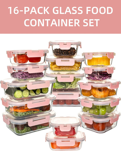 16-Piece Glass Food Storage Container Set — Leakproof, Airtight, BPA-Free, Microwave & Oven Safe, Stackable Kitchen Organizer