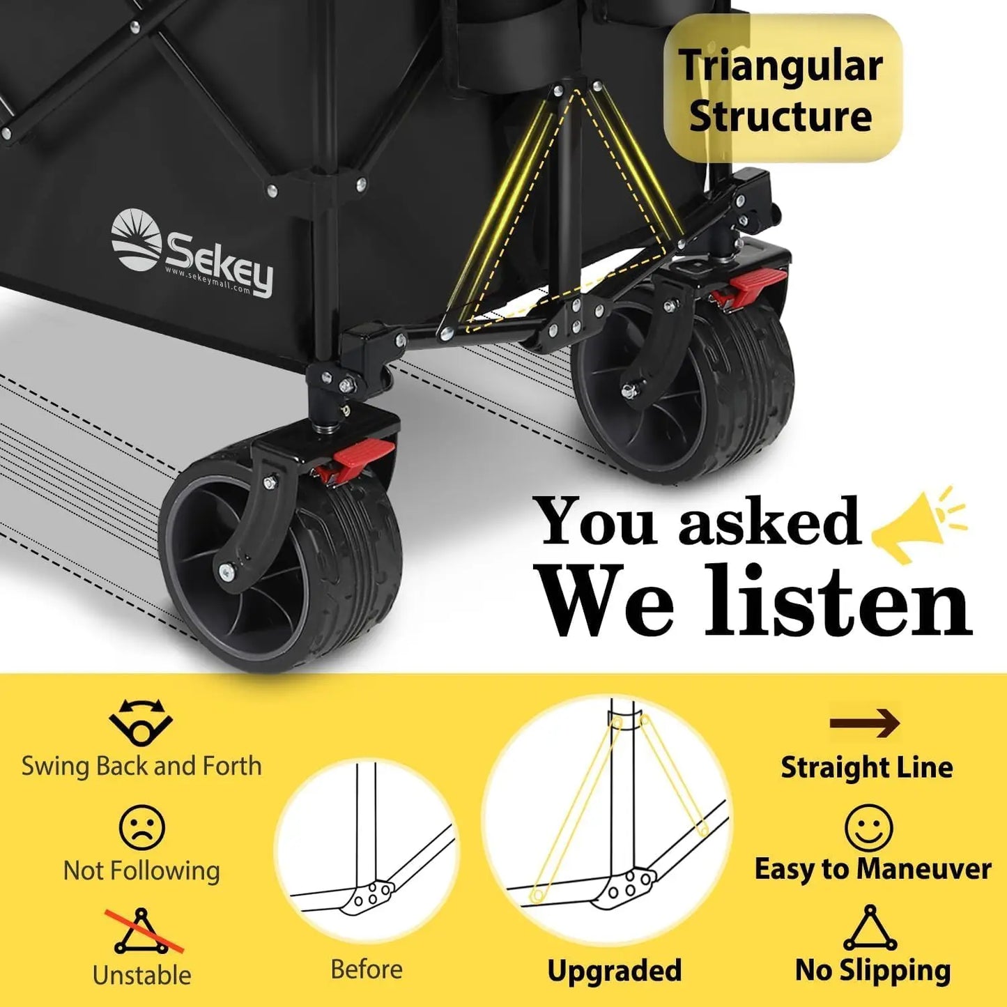 Sekey 48" Collapsible Folding Wagon — Heavy Duty 300L Utility Garden Cart with 440lbs Capacity