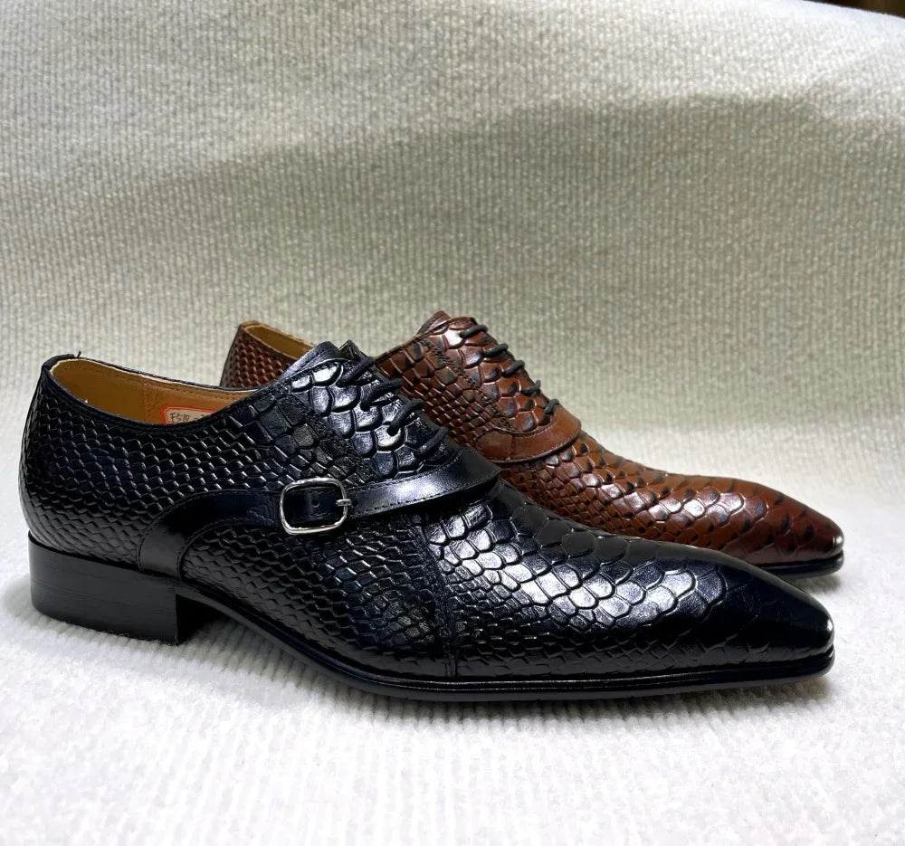 Men’s Handmade Italian-Style Leather Dress Shoes - Pointed Toe Python Pattern Wedding & Business Oxford Shoes