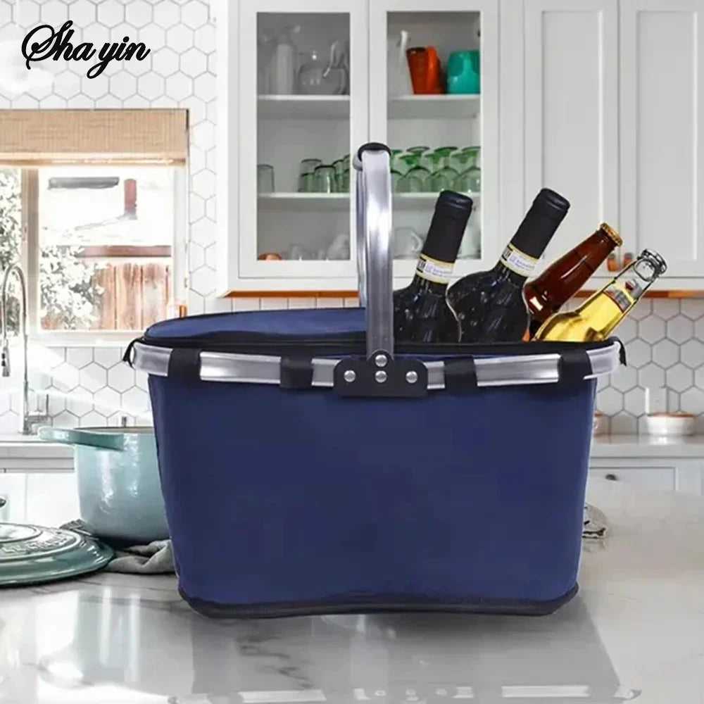 Folding Insulated Meal & Shopping Basket — Portable Handheld Cooler Bag for Outdoor Lunch, Ice Pack, and Food Delivery