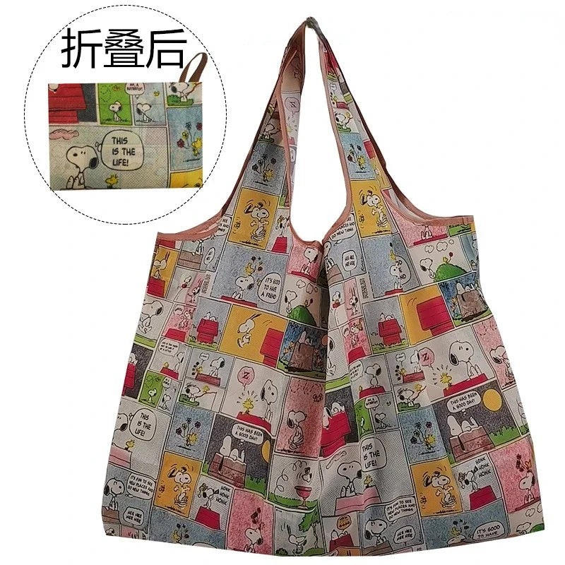 Snoopy Foldable Shopping Bag – Large Waterproof Nylon Tote, Reusable Portable Shoulder Bag for Women