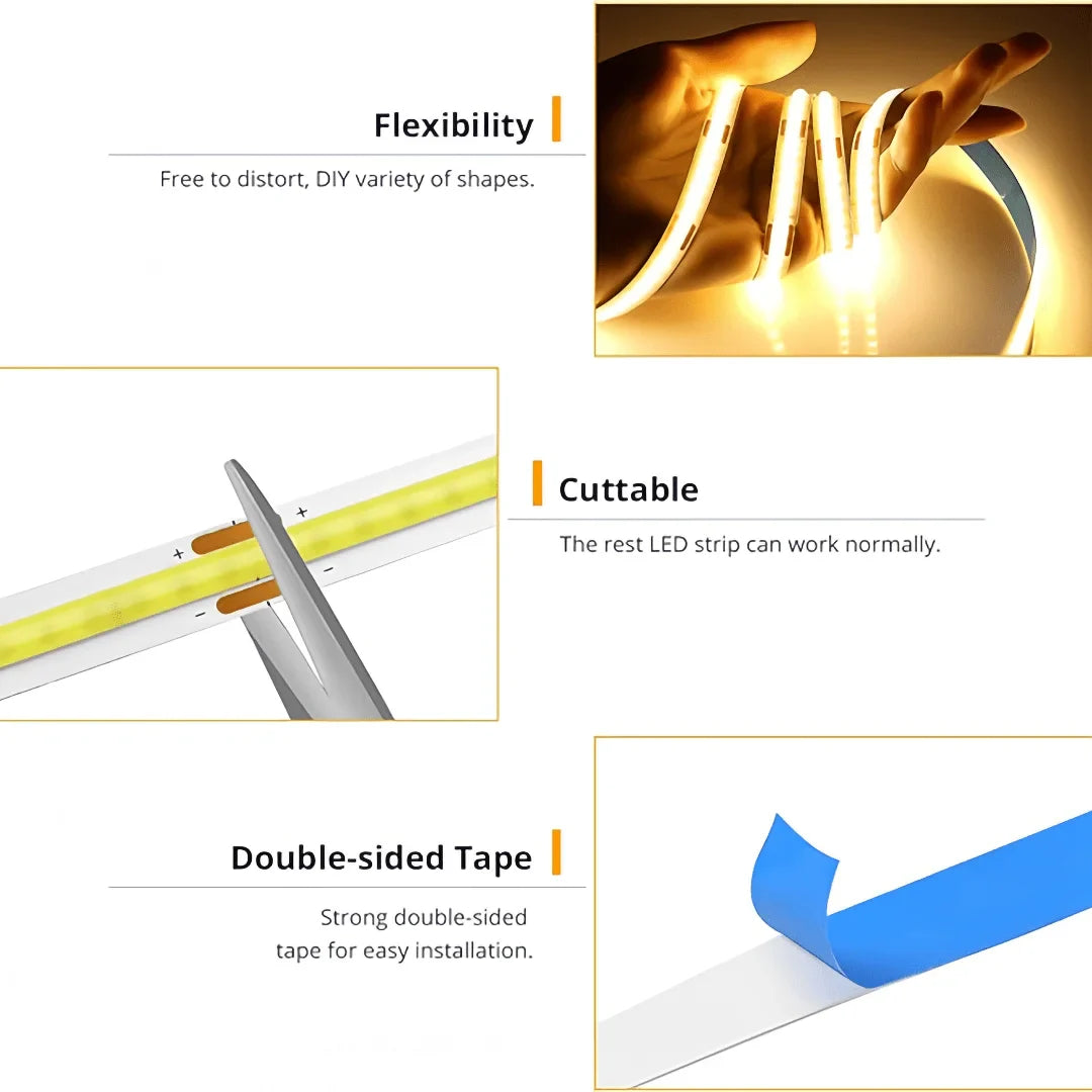 LED COB Light Strip – Flexible USB 5V Touch Dimmer Tape for Indoor Lighting, DIY TV, Mirror Backlight & Wall Decor