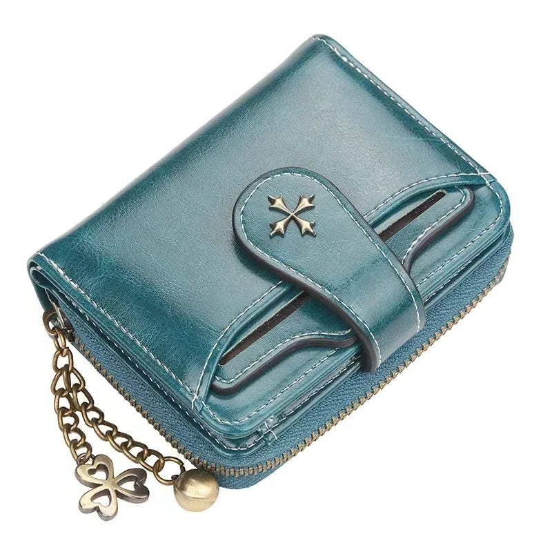Women’s PU Leather Wallet — Short Hasp Coin & Card Holder, Small Money Bag Clutch in Blue & Red