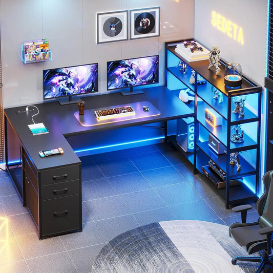 L-Shaped Gaming Desk – Reversible U Shaped Computer Desk with Power Outlet, Storage Shelves & LED Lighting