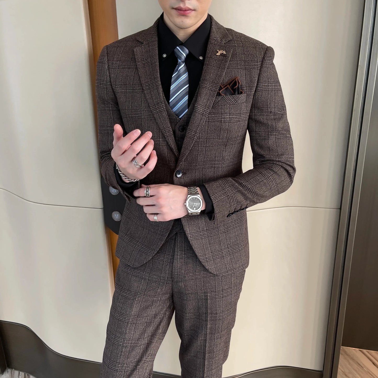 Men’s British Korean Plaid Three-Piece Suit – Stylish Business Casual Set with Blazer, Vest & Trousers