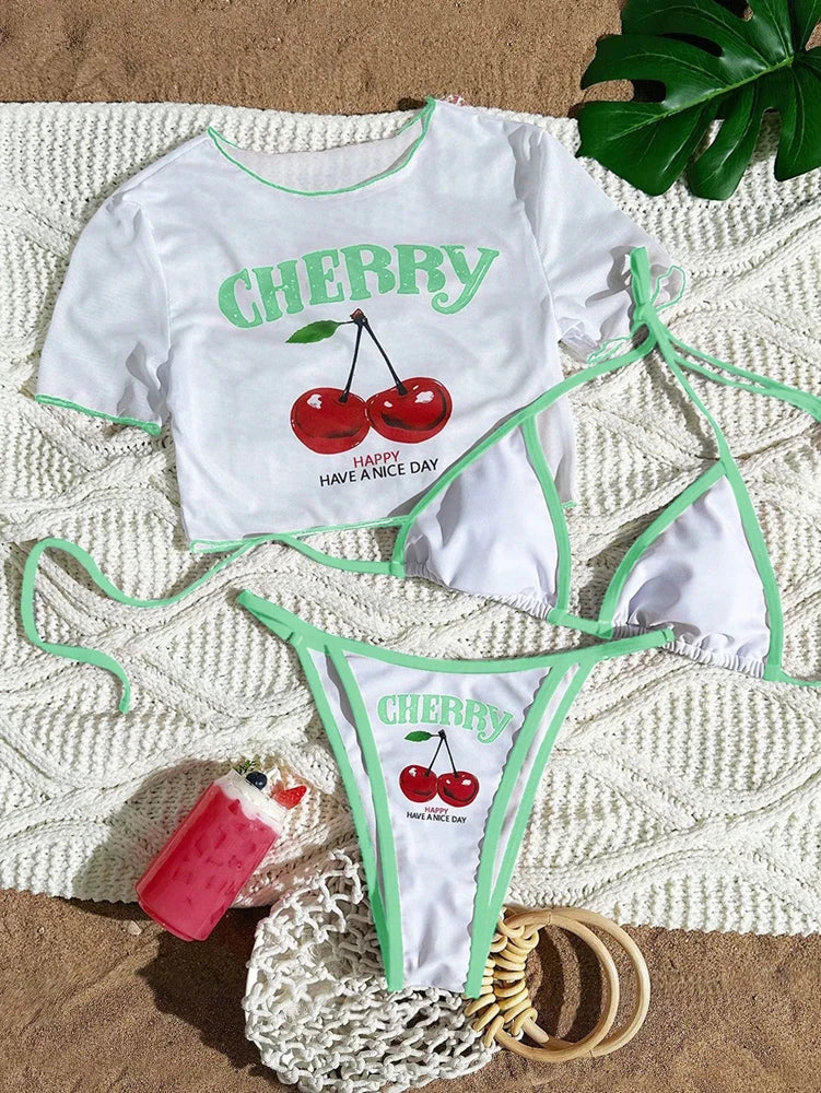 Women’s Cherry Print Halter Bikini Set – Sexy 3 Piece Dark Blue Beach Swimsuit 2026