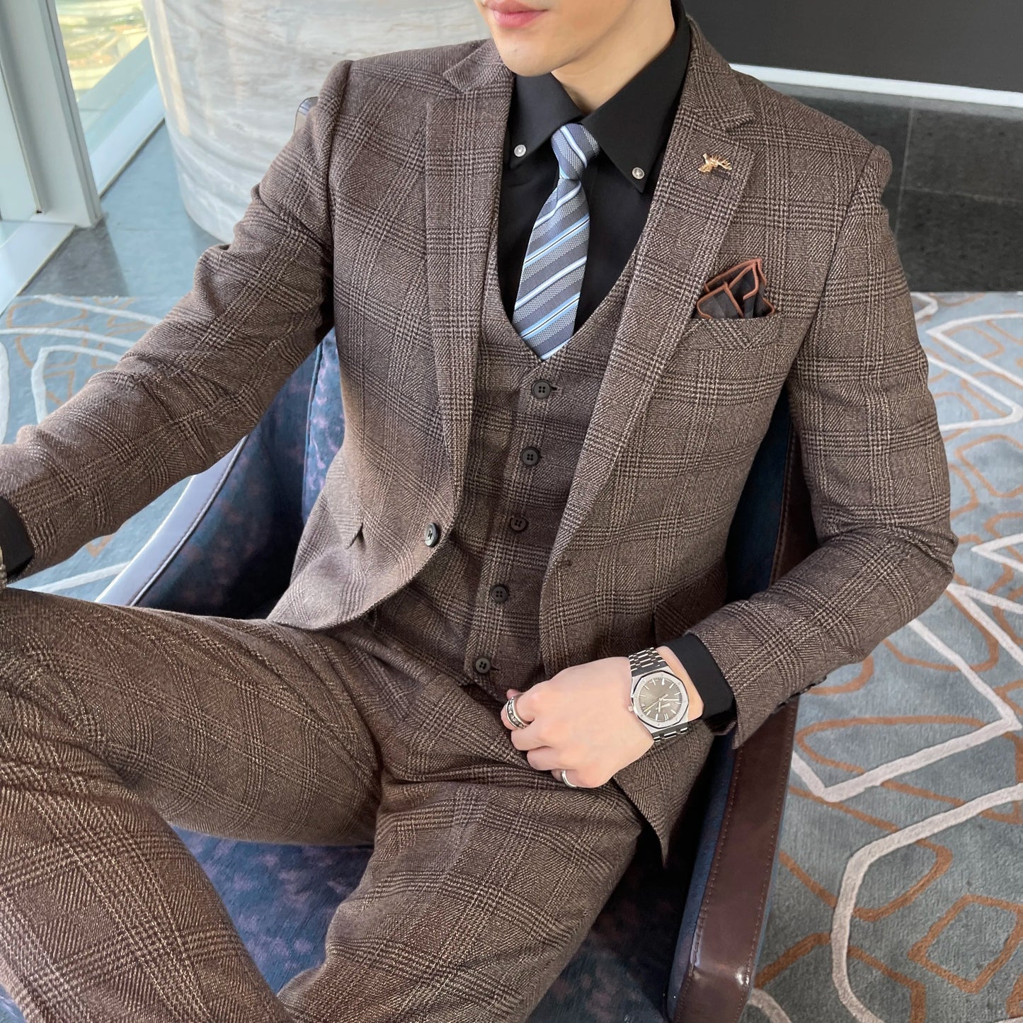 Men’s British Korean Plaid Three-Piece Suit – Stylish Business Casual Set with Blazer, Vest & Trousers