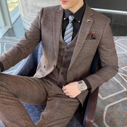 Men’s British Korean Plaid Three-Piece Suit – Stylish Business Casual Set with Blazer, Vest & Trousers