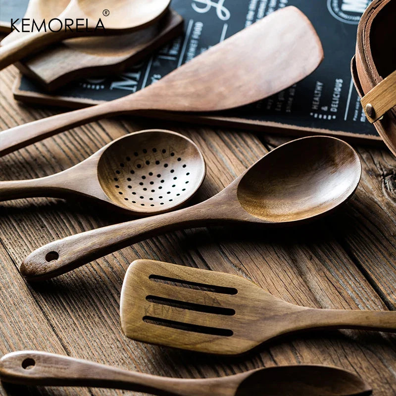 4/7/9PCS Teak Wooden Cooking Spoons Set – Kitchen Utensils with Holder