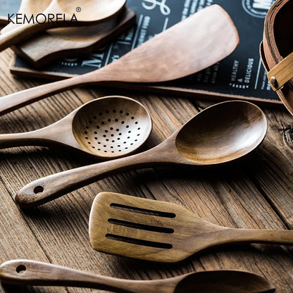 4/7/9PCS Teak Wooden Cooking Spoons Set – Kitchen Utensils with Holder