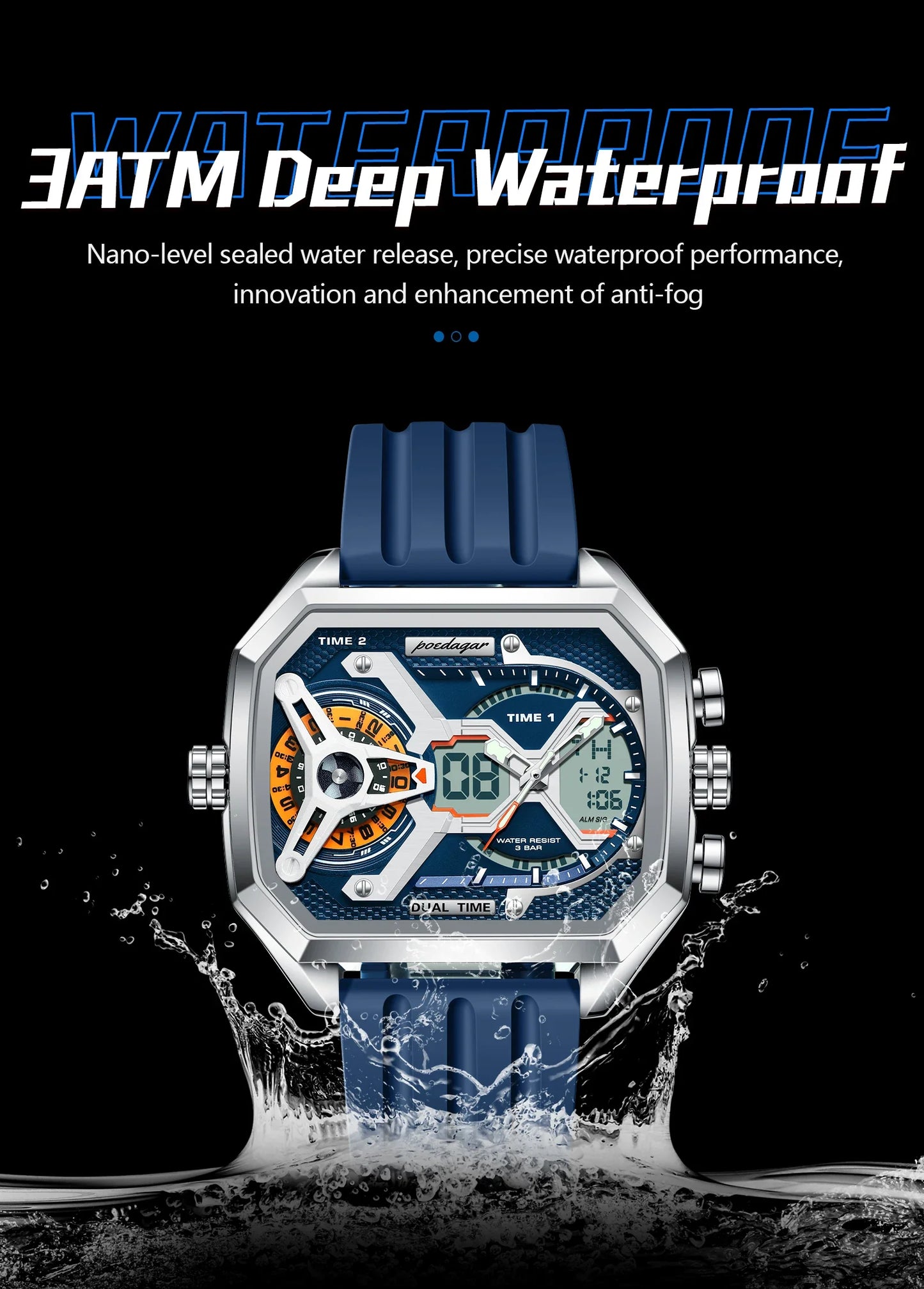 POEDAGAR Men's Luxury LED Wristwatch – Electronic Quartz Watch with Calendar, Week Display, Luminous Hands, and Silicone Strap