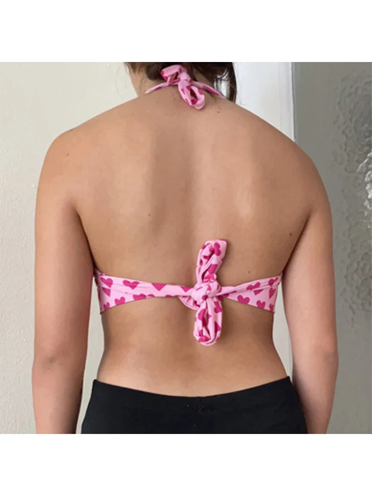 Pink Heart Print Bustier Crop Top for Women – Kawaii Aesthetic Lace-Up Backless Bralette Camisole Sleeveless Fashion Top