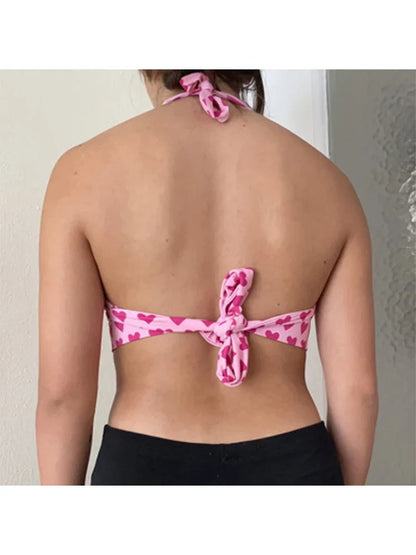 Pink Heart Print Bustier Crop Top for Women – Kawaii Aesthetic Lace-Up Backless Bralette Camisole Sleeveless Fashion Top