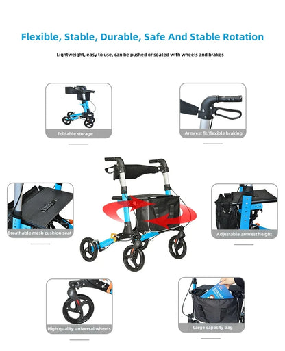 Elderly Disabled Rehabilitation Rollator Walker – Aluminum Alloy Folding Pulley Walking Aid for Home Mobility Training