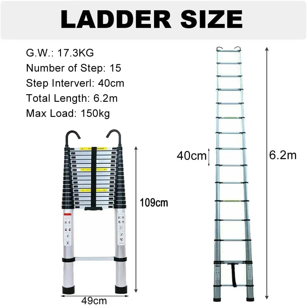 DayPlus 6.2M Multi-Purpose Telescopic Ladder — Aluminum Folding Extendable Ladder with Removable Hook, Non-Slip, 150kg/330lb Capacity