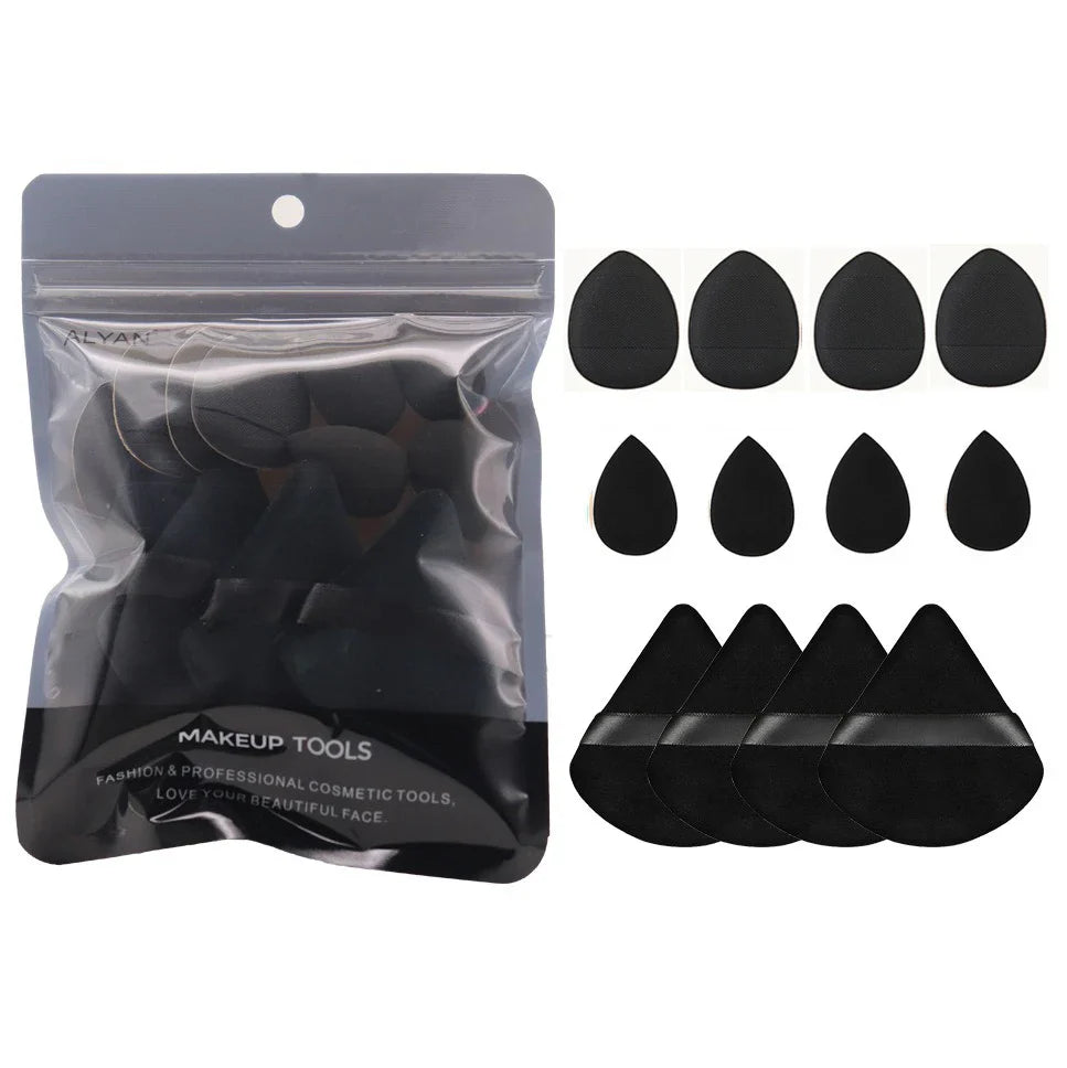 12PCS Mini Makeup Finger Puffs – Triangle & Water Drop Velvet Foundation Sponges Cosmetic Blender Set