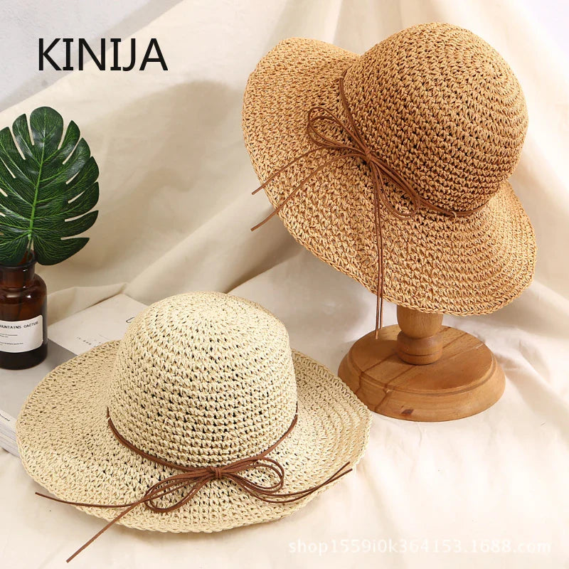 Women’s Holiday Beach Sun Hat – Large Brim Woven Straw Fisherman Hat with Bow, Seaside Sun Protection Panama Chapeau Korean Style