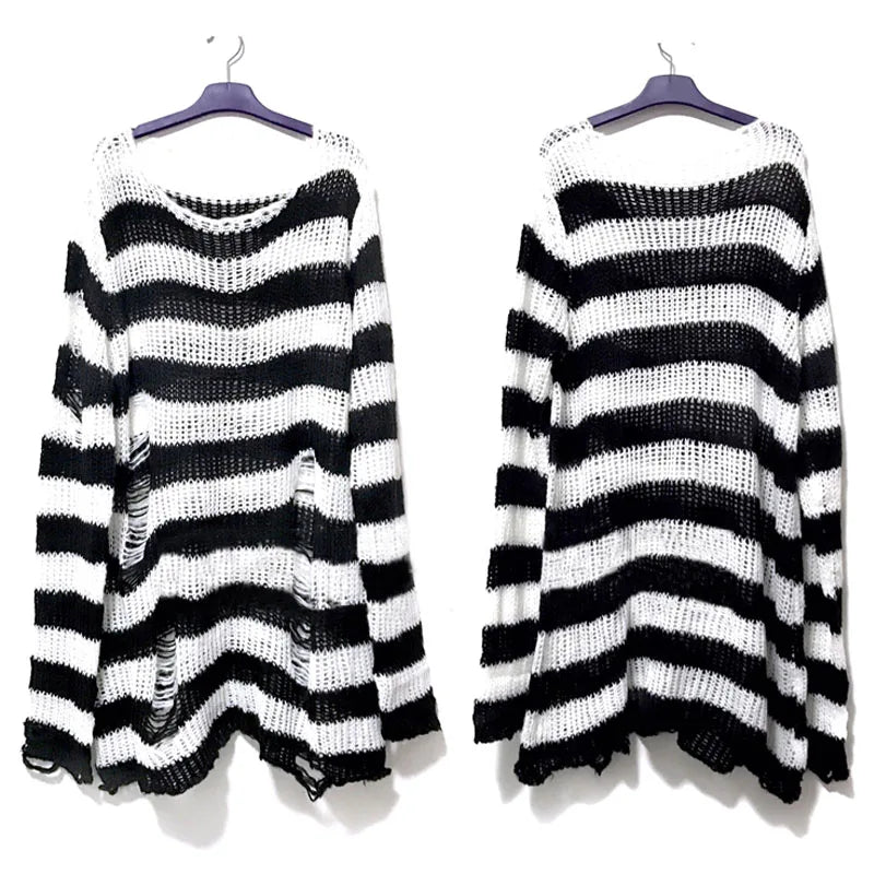 New Punk Gothic Long Unisex Sweater - Summer Striped Hollow Out Jumper, Loose Rock Thin Top for Women, Dark Streetwear