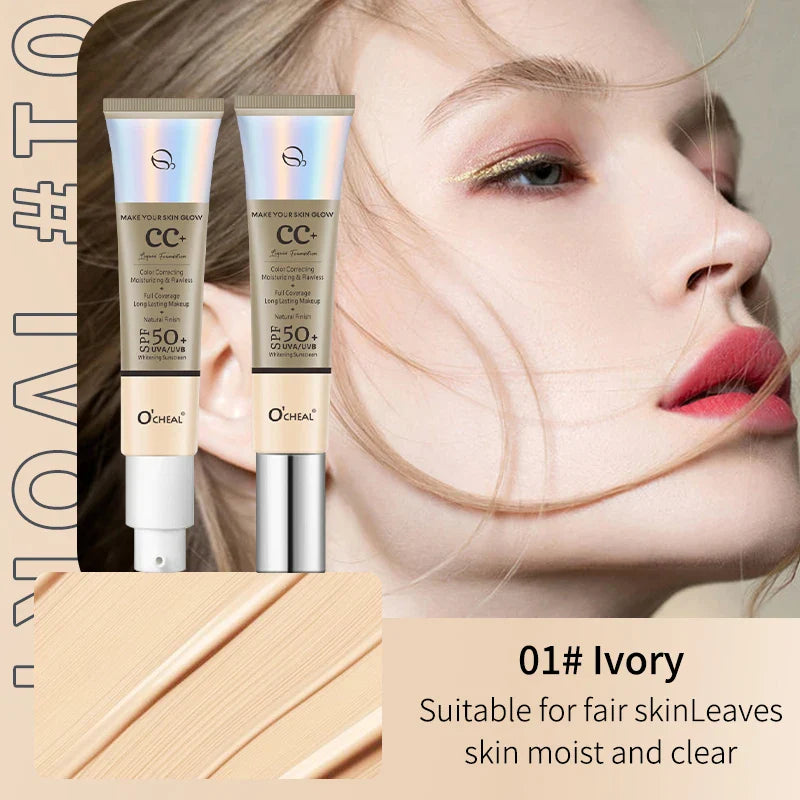Ocheal 30g CC Cream Foundation – Waterproof Concealer, Moisturizing Sunscreen, SPF 50+, Long-Lasting Brightening Makeup Primer