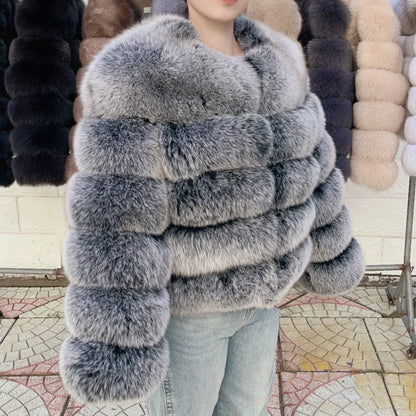 QUEENTINA Women’s Real Fox Fur Coat – Brown Leather & Skin Winter Fashion Outerwear 2025