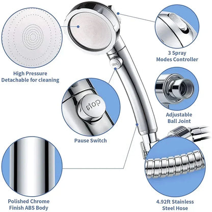 360° Rotating Handheld Shower Head – 3 Spray Modes with ON/OFF Pause Switch & Adjustable Water-Saving Design