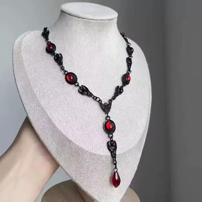 Goth Y2K Heart Cross Choker Necklace - Dark Red Stone Bead Punk Grunge Jewelry for Women Halloween Style