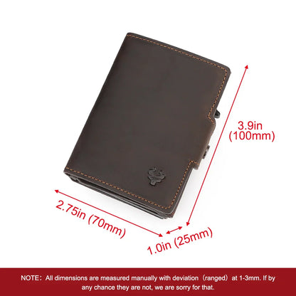 HUMERPAUL Men’s Pop-Up Card Holder – Crazy Horse Leather RFID Blocking Slim Wallet with Money Pocket & Metal Bank Card Case