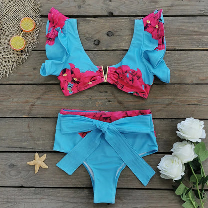 Sporlike V-Neck Ruffled Bikini Set – High Waist Sexy Printed Two-Piece Swimsuit for Women 2025