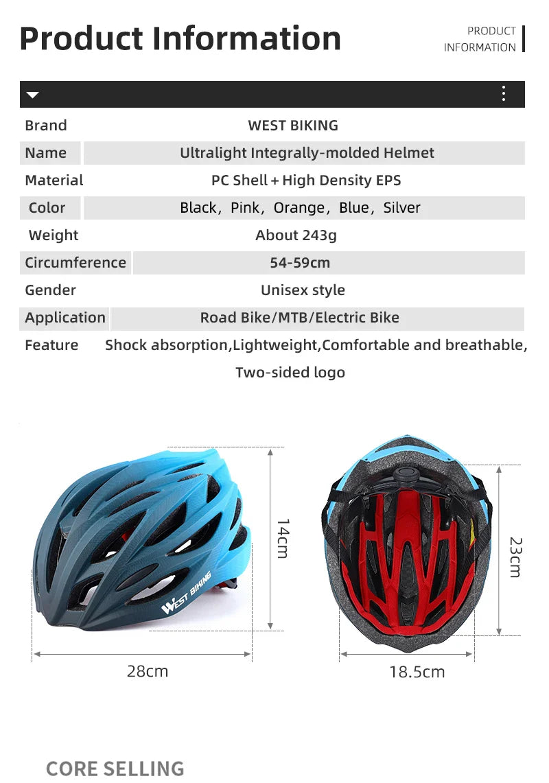 WEST BIKING Ultralight Cycling Helmet - Integrally Molded MTB & Road Bike Racing Helmet for Men & Women, Bicycle Safety Cap