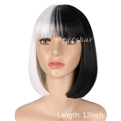 Synthetic Half Black Half White Bob Wig – Short Straight Wig with Bangs for Women, Cosplay & Party Wear