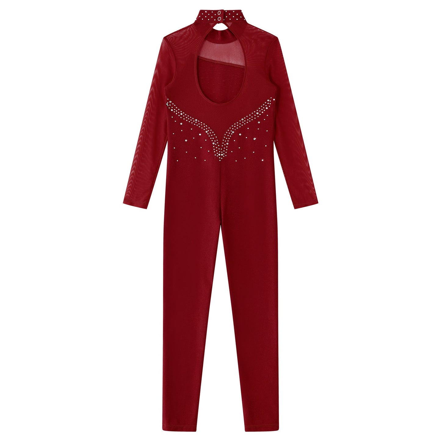 Kids Girls Long Sleeve Rhinestone Bodysuit — Full Body Dancewear Gymnastics Leotard Skating Jumpsuit