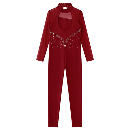 Kids Girls Long Sleeve Rhinestone Bodysuit — Full Body Dancewear Gymnastics Leotard Skating Jumpsuit
