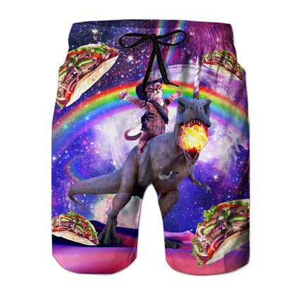 Men's Dinosaur Cat 3D Print Beach Shorts - Fun Hawaiian Swim Trunks