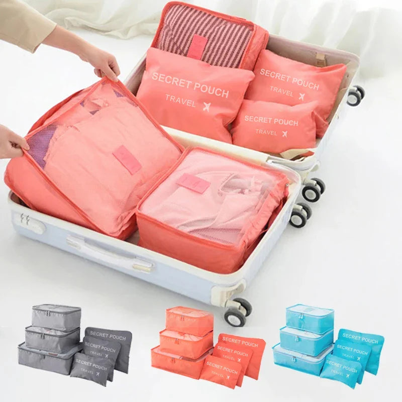 6 Pcs/Set Travel Storage Bags - Pink/Blue/Grey Waterproof Luggage, Clothing and Underwear Organizers with Zipper
