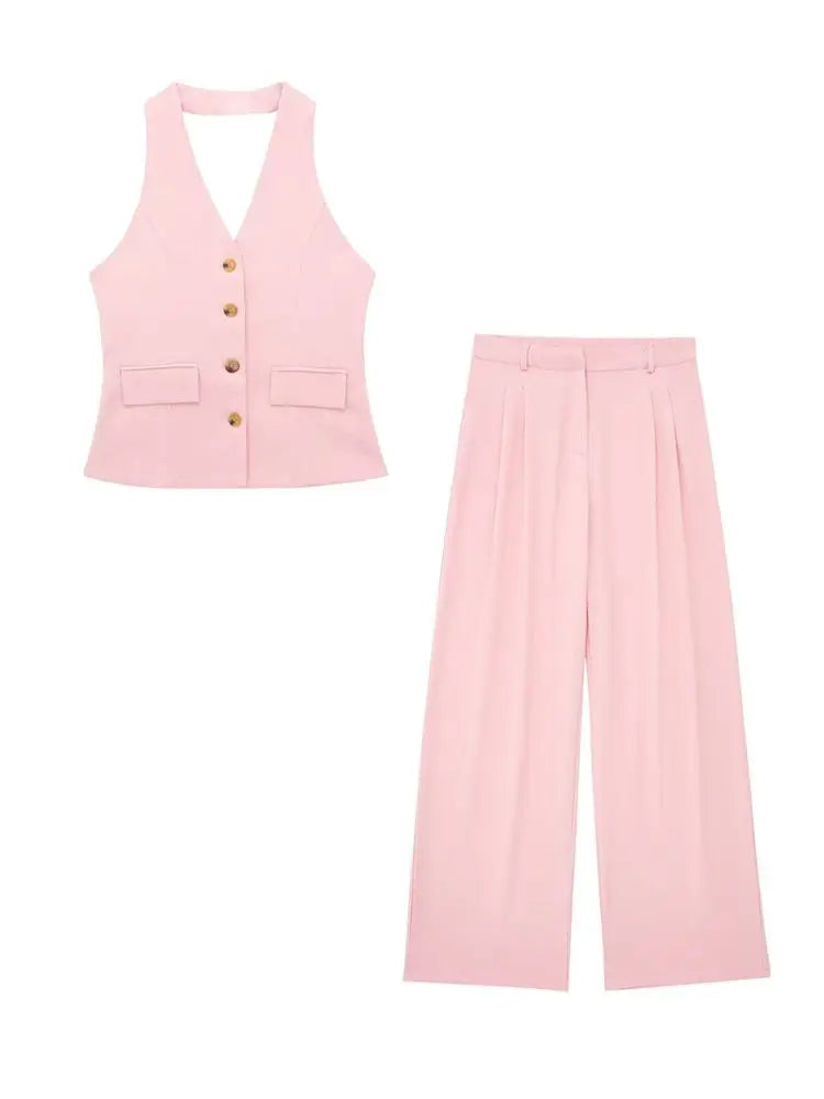 TRAFZA Women’s 2-Piece Set — Sleeveless Halter Vest Top with High-Waist Wide Leg Pants & Zipper Pockets