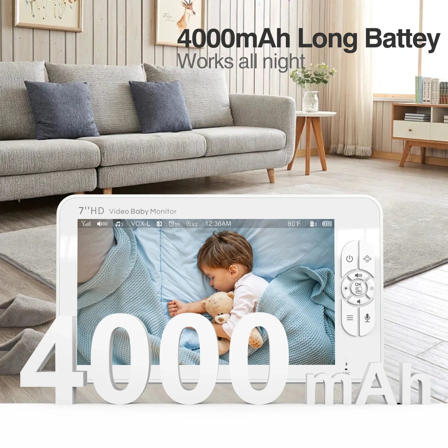 Babystar 7" Video Baby Monitor – 1080P HD IPS Display, Supports 2 HD Cameras, 24-Hour Battery, 1000ft Range, Split-Screen Babyphone