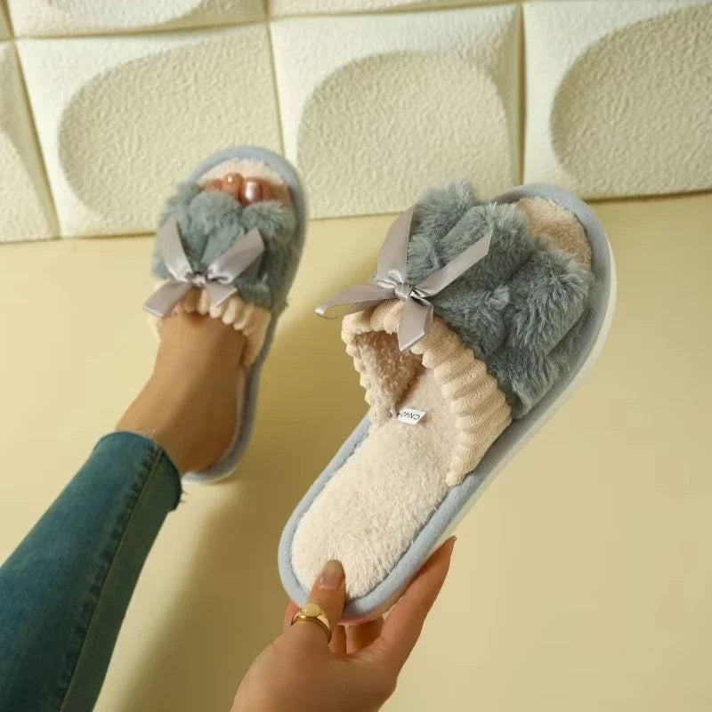 Plush Bow Slippers - Warm Fluffy Indoor Home Slides for Women & Men