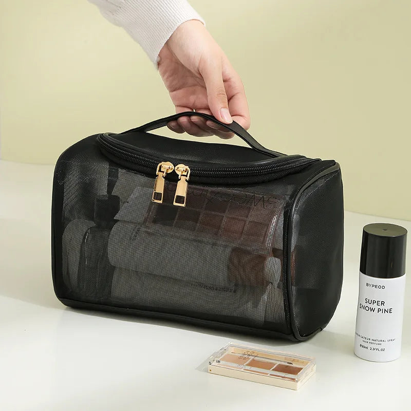 Large Toiletry Bag — Mesh Travel Cosmetic Pouch with Zipper, Makeup Organizer for Girls
