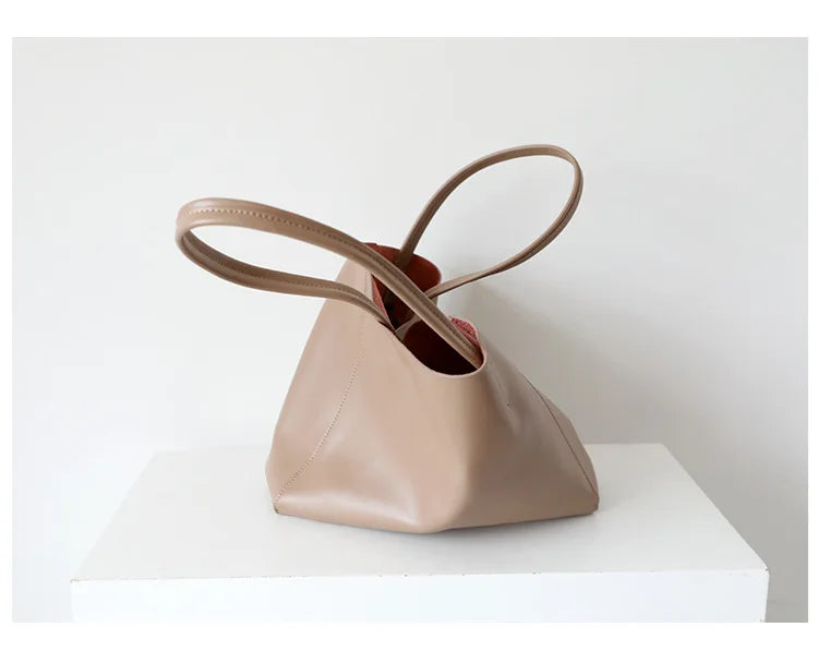 Customizable Name Large Capacity Commuter Bag – 100% Genuine Leather Soft Tote, Single Shoulder & Diagonal Shopping Bag