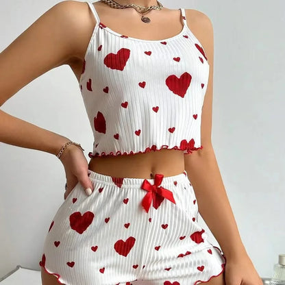 Women's Pajamas Set – 2 PCS Sleepwear with Short Tank Tops & Shorts, Soft & Ventilated, S-M-L, White with Love Printing