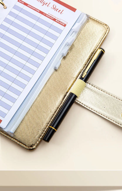 A6 Gold Ring Budget Planner Binder – Gold, Purple & Black with Zipper Cash Envelopes for Money Organization