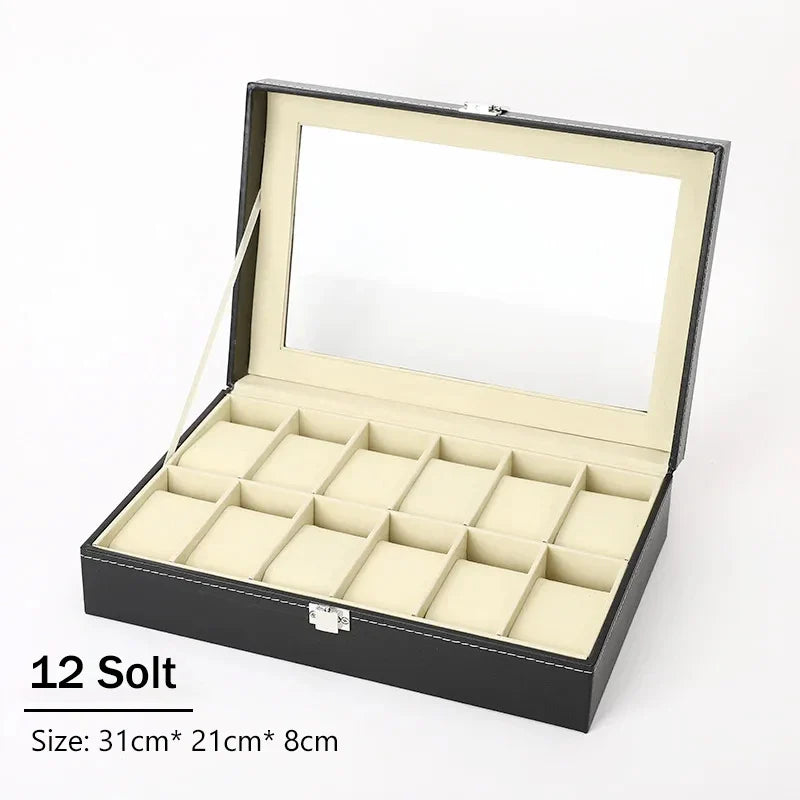 PU Leather Watch Display Box — Glass Top Storage Organizer with Slots for Men’s Watches, Perfect Gift