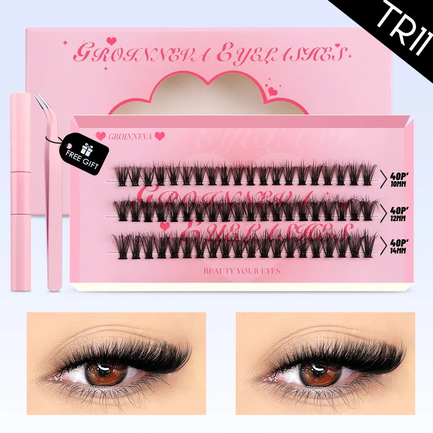 GROINNEYA DIY Mixed Lash Clusters Set – Fluffy Individual Lash Extensions Kit with Bond & Seal for At-Home Makeup