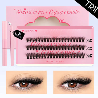 GROINNEYA DIY Mixed Lash Clusters Set – Fluffy Individual Lash Extensions Kit with Bond & Seal for At-Home Makeup