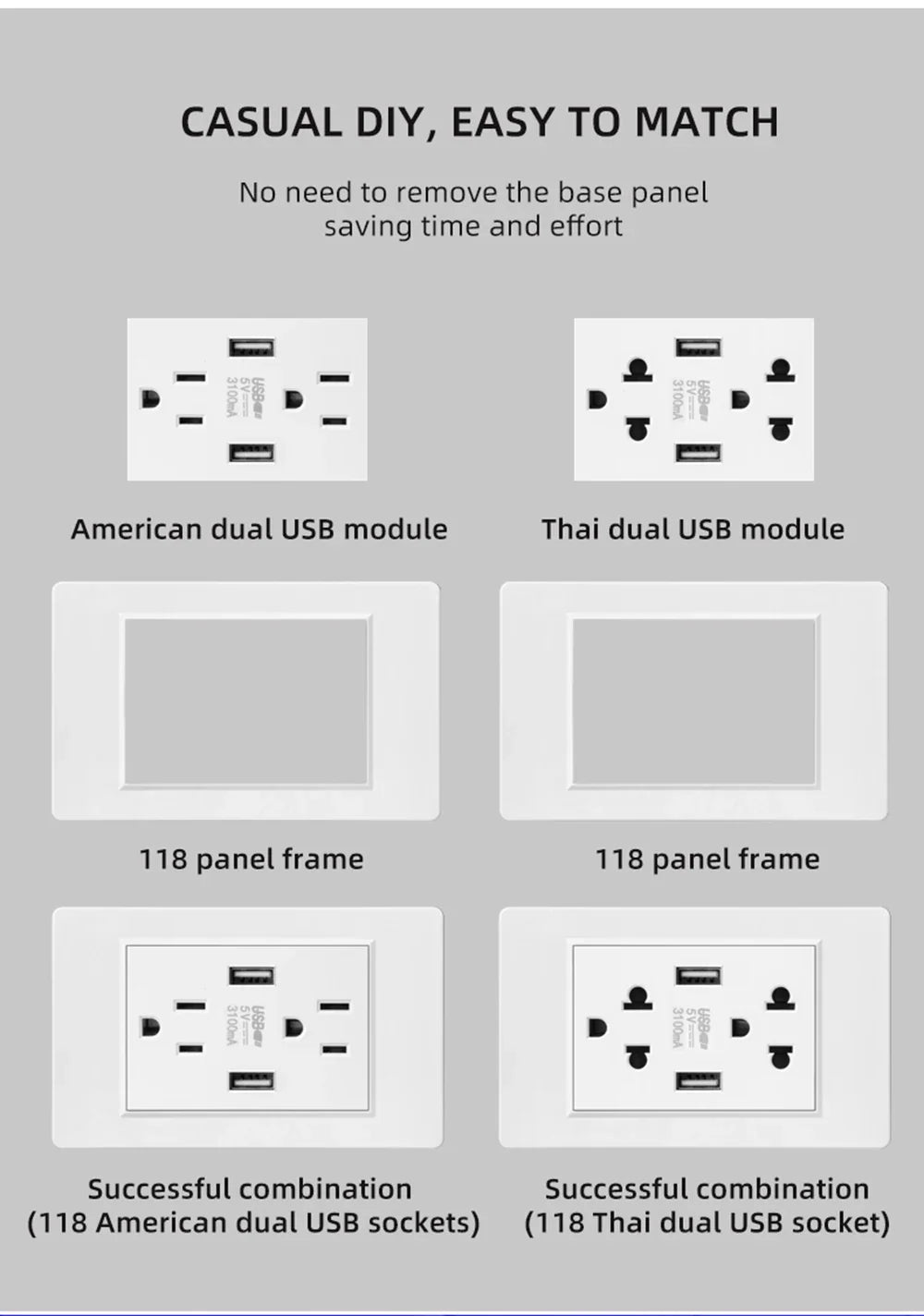 Herepow 118 Series Dual USB Wall Socket - Thailand & American Standard Smart Plug Adapter with Type-C 3.1A Fast Charging