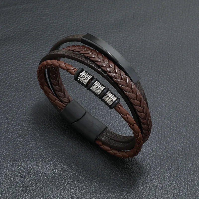 Fashion Men’s Multi-Layer Braided Leather Bracelet – Scripture, Compass & Evil Eye Design