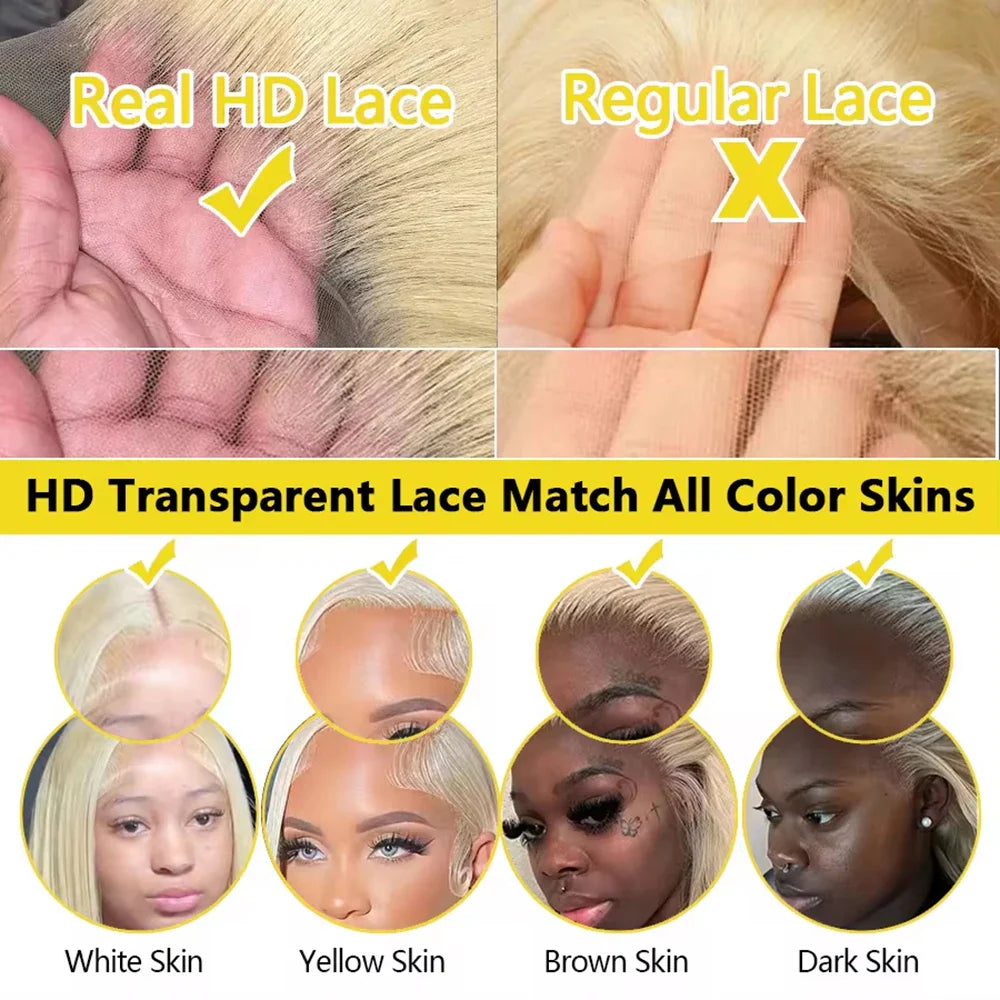 613 Blonde Body Wave Human Hair Lace Frontal Wig 220% Density – HD Transparent 13x4/13x6 Pre-Plucked Brazilian Lace Front Wig for Women