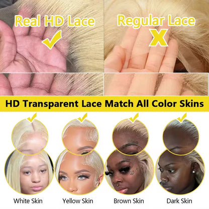 613 Blonde Body Wave Human Hair Lace Frontal Wig 220% Density – HD Transparent 13x4/13x6 Pre-Plucked Brazilian Lace Front Wig for Women