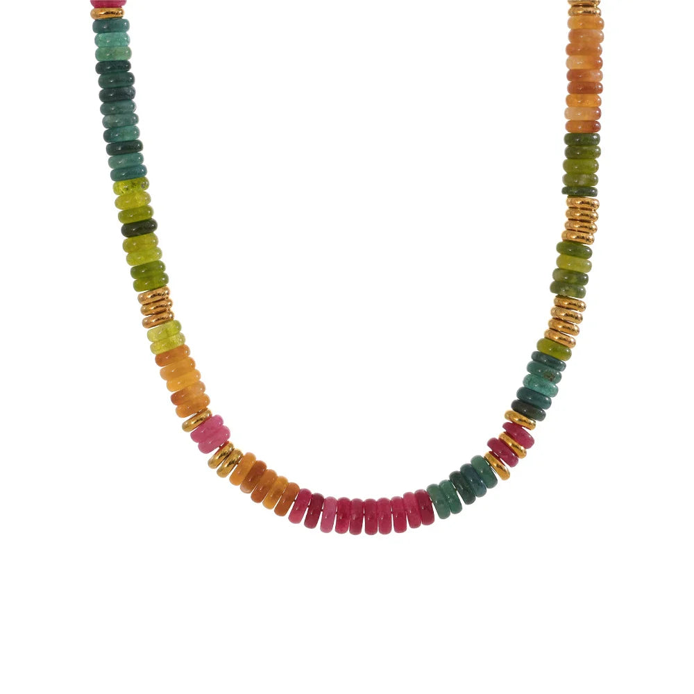 Yhpup Colorful Natural Stone Bead Necklace – Handmade Y2K Stainless Steel Waterproof Chain Jewelry for Women